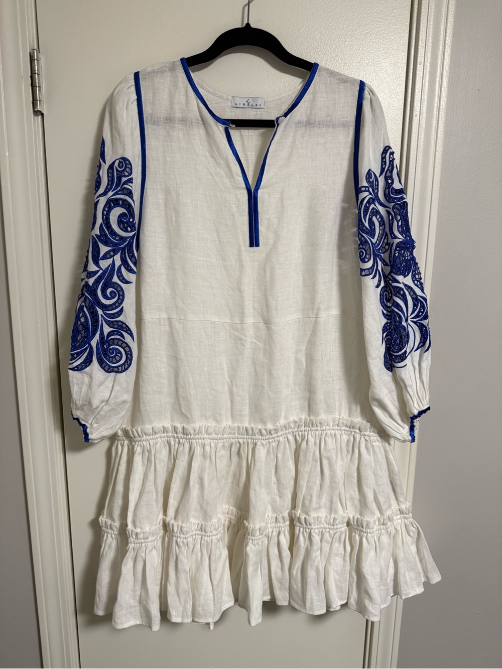 LINELBI 100% Linen Embroidered Boho Dress White Cobalt Blue Luxury Resort Mini S